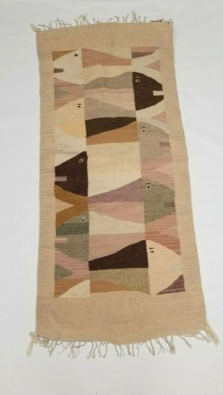 Vintage Mexican Zapotec Fish Woven Wool Rug Wall Hanging Blanket Decor Runner 2