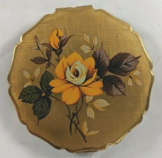 Stratton Ladies Compact Made In England Gold Tone With Yellow Rose Art On Front