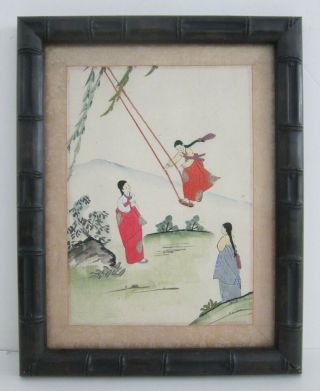 Chinese Swinging Maidens Antique Embroidery & Ink Painting On Silk Framed 12x16
