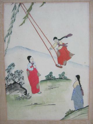 Chinese Swinging Maidens Antique Embroidery & Ink Painting on Silk Framed 12x16 2