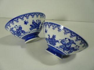 2 Japanese Porcelain Rice Soup Bowls Blue White Children Chasing Butterflies