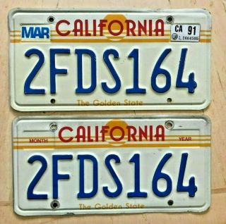 1991 California Auto License Plate 2 Plates Matching Pair Set " 2 Fds 164 " Ca