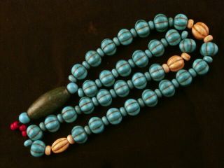 Tibetan Turquoise Carved Beads Necklace W/large Bead Pendant Aaa019
