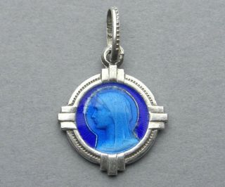 French,  Antique Religious Silver Pendant.  Saint Virgin Mary.  Blue Enamel Medal.