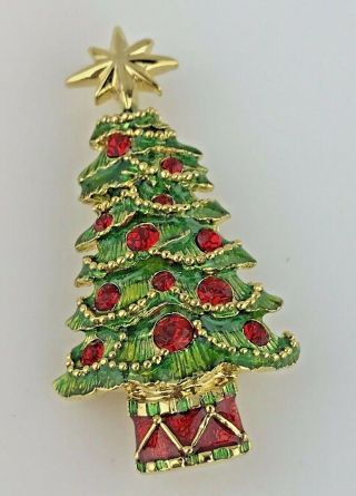 Christopher Radko Gold Tone Christmas Tree Red Crystal Drum Brooch Pin Pendant