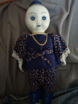 Vintage Asian / Japanese / Chinese 11 " Doll,  Blue & White Porcelain Head,  Hands