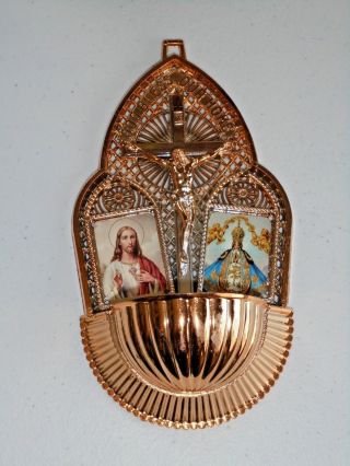 Vintage Gold Plastic God Bless Our Home Holy Water Font Wall Decor Italy