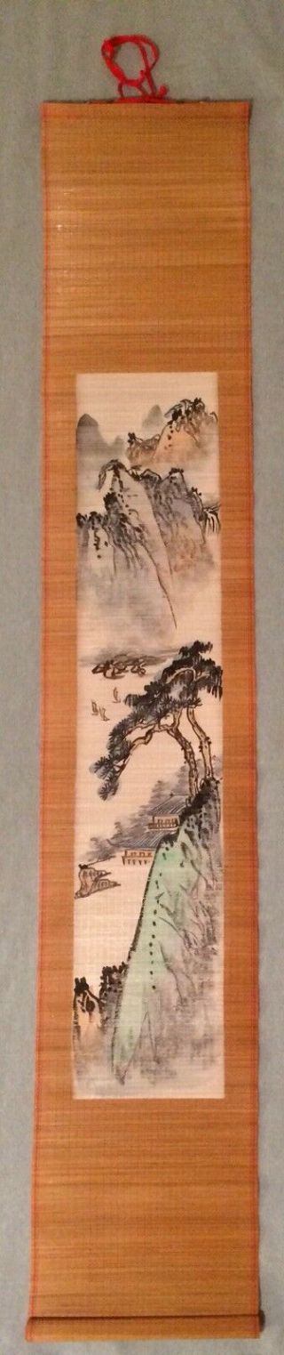 Vintage Chinese Bamboo Scroll Painting Mountain Landscape W/ Junk Ships 40 " X 7 "