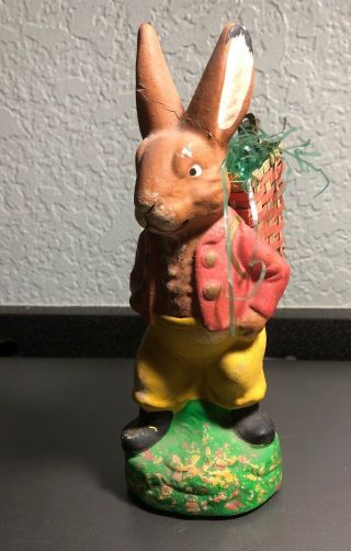 Vintage Paper Mache Composition Easter Bunny Carrying Straw Basket On Back