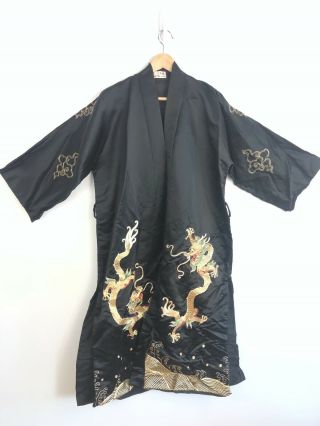 100 Silk Black Gold Chinese Dragon Embroidered Kimono Jacket
