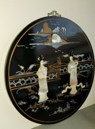 Vintage Geisha Dancers Mother Of Pearl Black Lacquer Japanese Round Wall Art.