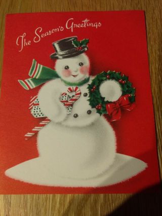 Vintage Christmas Card Snowman Candy Cane And Wreath Norcross