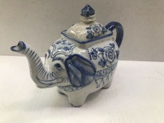 Vintage Hand Crafted Blue & White Elephant Teapot With Lid Asian Chinese Art