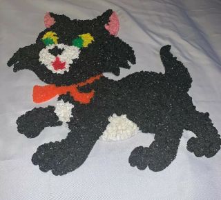 Halloween Vintage Melted Popcorn Plastic Decor Black Cat