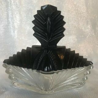 Vintage Art Deco Style Trinket Box Powder Jar Black Glass Top With Fan Design