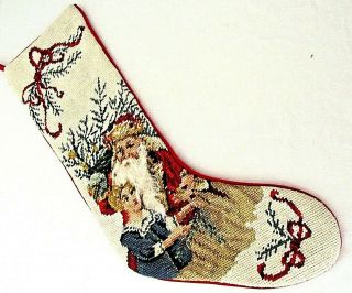 Vintage Needlepoint Christmas Stocking Red Velvet Santa Fuzzy Beard