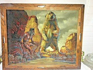 Vintage Native American Indian & Grizzly Black Velvet Painting Framed Mexico