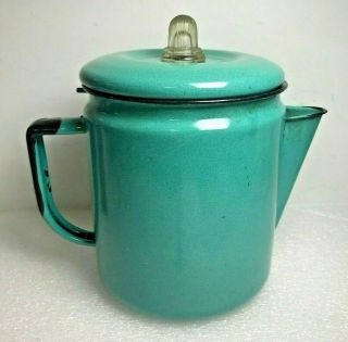 Vintage Robins Egg Blue Enamel Coffee Pot W/ Black Accent Trim & Glass Perk Top