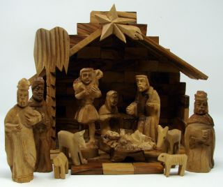 Vintage 1979 Olive Wood 13 Piece Nativity Set Made In Bethlehem The Holy Land