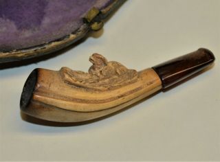 Antique 1800s Meerschaum Pipe Carved Hunting Dog W/ Case Civil War Era