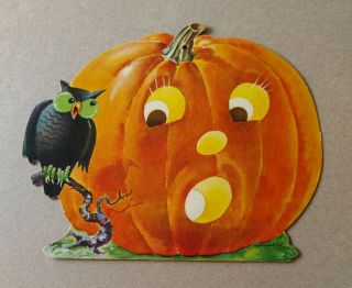 Vintage Cardboard Halloween Die Cut Out Dennison Jack - O - Lantern With Owl
