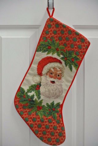 Santa Holly Completed Needlepoint Christmas Stocking