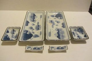Sushi Set 6pc Blue White Porcelain Soy Bowls / Plates / Chopstick Rest Japan