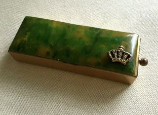 Vintage Gold Tone Pill Box W/ Marbleized Bakelite Top & Crown Emblem - 3 1/2 "