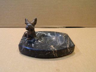 Bronze Scottie Dog Figurine on Black Marble Ashtray Vintage 2
