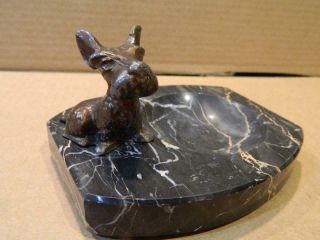 Bronze Scottie Dog Figurine on Black Marble Ashtray Vintage 3