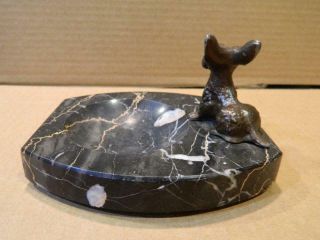 Bronze Scottie Dog Figurine on Black Marble Ashtray Vintage 5