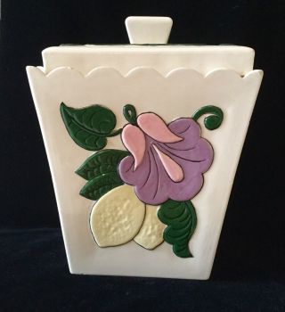 Antique (1959) Handmade Ceramic Cookie Jar W/embossed Fruit Flowers & Bird Motif