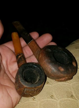 2 Antique Vintage Hand Carved Smoking Pipes Fraternal R2 Skull Rare Tobacciana