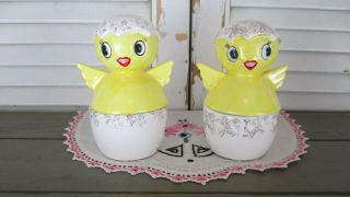 Vtg 50s Holt Howard Hh Anthropomorphic Yellow Chicks Salt Pepper Shakers Egg Cup