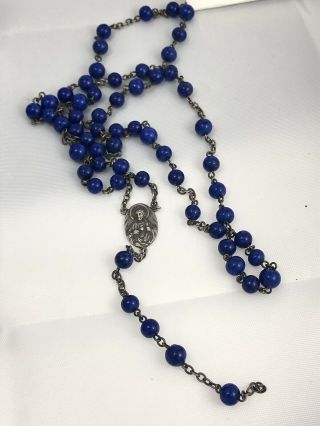 Vintage Blue Lapis Beaded Rosary Marked Sterling Silver Jesus Mary 18” Catholic