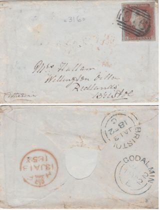 1852 Godalming Surrey Cover With A 4 Margin 1d Penny Red Stamp Sent To Bristol
