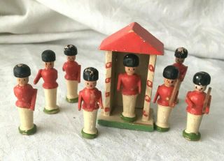 Antique 1.  5 " Miniature Wooden Toy Soldiers With Guard Shack Germany Handpainted