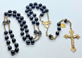 † Priest Early 1900s Antique Black Glass Beads Rosary †