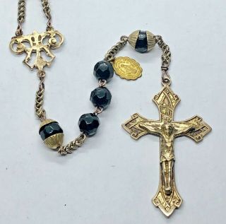 † PRIEST Early 1900s Antique Black GLASS Beads Rosary † 2