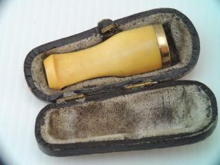 Antique Victorian Carved Egg Yolk Amber Cigar Holder In Case