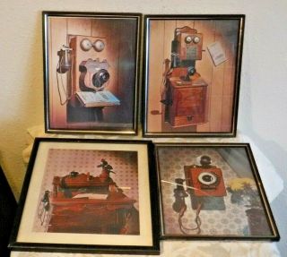 Four Framed Color Photographs Of Antique Wooden Wall Telephones - Neat - O