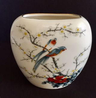 Vintage Jay Fine China Asian Oval Vase Japan Gold Rim Birds/ Branches 4 X 4