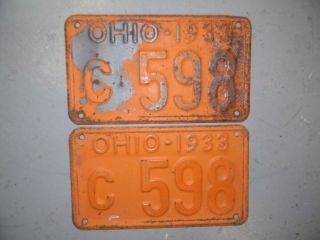 Vintage 1933 Ohio License Plate Pair Antique C 598 Shorty C Series