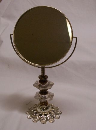 ANTIQUE VANITY MAKEUP MIRROR with BRASS and GLASS TRIM 2
