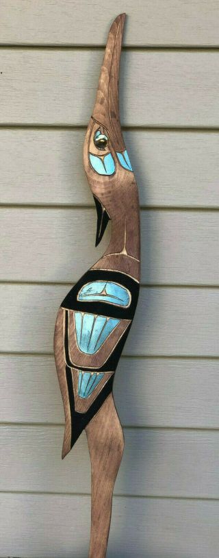 Northwest Coast Native Art Blue Heron Abalone Yellow Cedar Plaque Carving