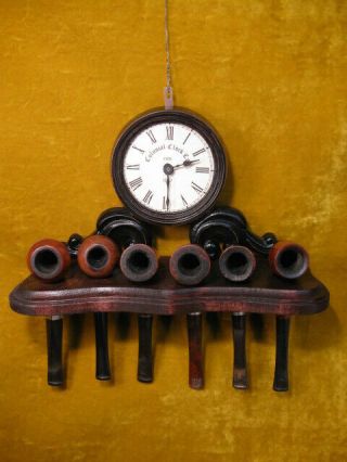 Vintage Tobacco Smoking Pipe Rack For 6 Pipes With Clock