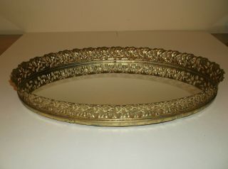 Vintage Gold Tone Filigree Mirrored Oval Vanity Dresser Tray