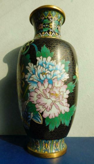 Lovely Vintage Black Ground Cloisonné Vase With Flowers And Butterflies