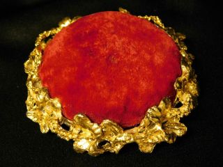 Vintage Ormolu Style Red Velvet Hat Pin Cushion Floral Motif