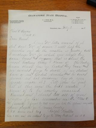 Vintage 1902 Letter Osawatomie State Hospital Kansas Insane Asylum Handwritten